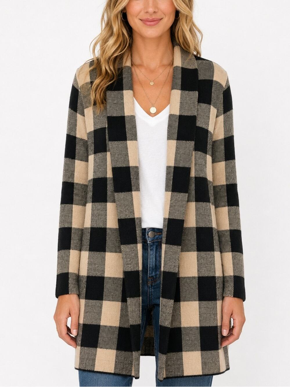 LOFT Outlet Buffalo Plaid Open Cardigan Tan Black Shawl Collar Sweater S